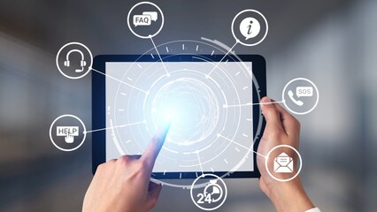 FAQ and online help icons show question, answer, and support system. FAQ improves online help experience, customer service quality, and FAQ knowledge access. Gist