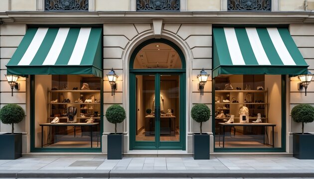 Luxury fashion boutique facade features green striped awnings. Arched entrance door, glowing lanterns frame entrance. Display windows showcase shoes, accessories inside. Elegant urban street building - Powered by Adobe