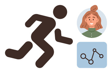 Simplified runner figure, circular woman avatar, and line graph suggest fitness progress, personal goals, and activity tracking. Ideal for health, sports, achievement, motivation progress apps