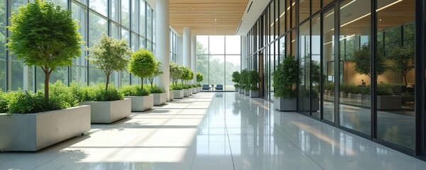 Modern office building lobby features large glass windows, reflective floors. Many green plants in elegant planters bring nature inside. Bright, spacious corporate interior offers sustainable,