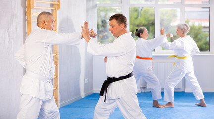 Senior karate practitioner engage in fierce fight, perseverance during martial arts discipline, middle-aged teacher and mature followers. Work on yourself, increase endurance, determination, courage