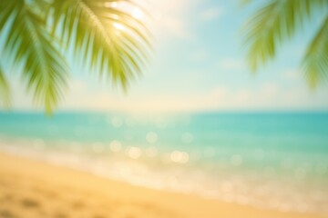 Obraz premium Soft bokeh tropical beach backdrop with sun rays palm leaves and shimmering water