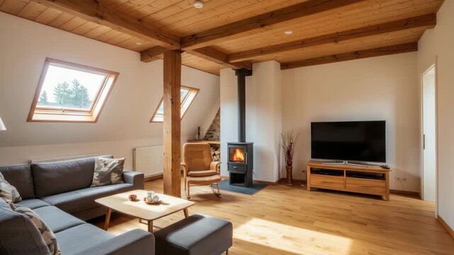 Interior living room with fireplace and skylights