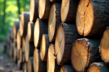 Stacked tropical wood logs, rough hewn, natural forest background, rustic charm, outdoor woodpile A neat stack of rough hewn tropical wood logs in a natural forest setting. The focus is on the