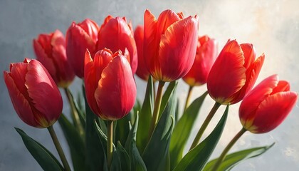Fototapeta premium Bunch of red tulips with green leaves on gray background. Beautiful vibrant flowers are in full bloom. Bouquet of tulip flowers for spring or mother day. Beautiful red petals.