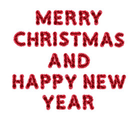 Merry Christmas and Happy New Year made from New Year's tinsel, isolated Christmas tinsel, tinsel garland	