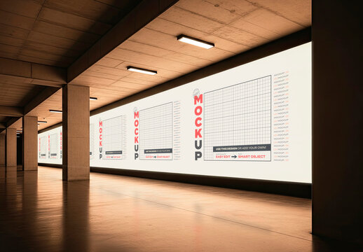 Super Wide Backlight Billboard Sign Mockup Brutalism Indoor Place