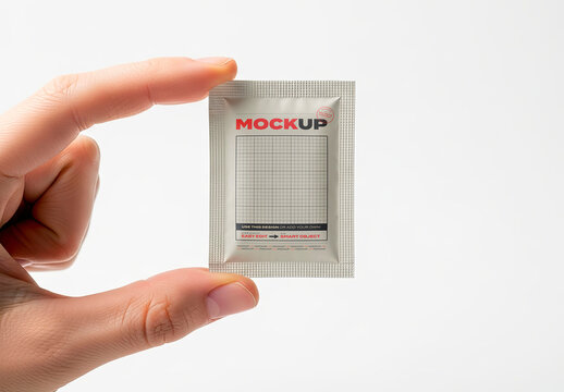 Vertical Packet Sachet Hold with Fingers Mockup