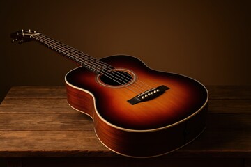 Acoustic guitar with sunburst finish on rustic table warm light and rich wood grain