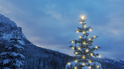 Christmas background with glowing pine tree in a winter mountains.
