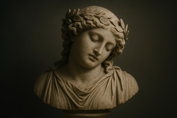 Ancient marble sculpture of sleeping dream deity with laurel and flowing drapery detail