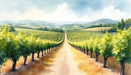 Fototapeta premium Watercolor illustration presents vineyard landscape in Tuscany. Rows of grape vines stretch along hills. Scenic vista of farm in vale with wine field with blue sky.