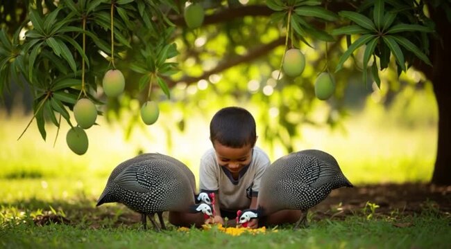 Uma crian&ccedil;a sorridente comendo uma manga debaixo de uma mangueira, ao lado de galinhas-d'angola.