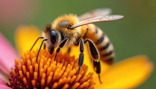 Macro view shows bee on orange wildflower. Insect collects pollen to flower. Floral garden scene with flying bee gathering nectar. Wildlife photography about pollination importance for biodiversity.