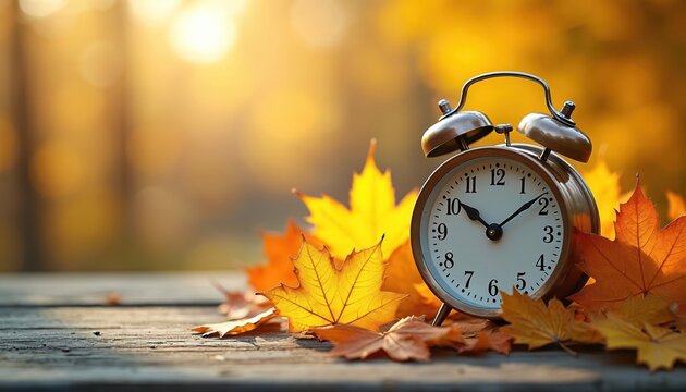 Retro alarm clock displays time near autumn leaves on wood. Fall foliage, sunlight. Concept for daylight saving time change, seasonal time. Reminder of end summer, start autumn. Deadline time