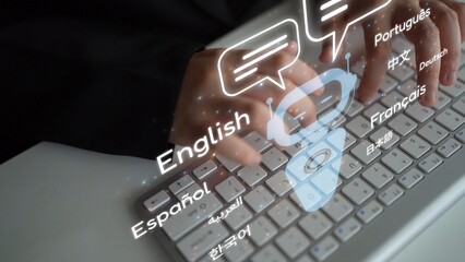 Global communication with multiple languages, digital translation tools, multilingual technology, cross-cultural communication, and virtual language learning environments. Muxer © InfiniteFlow