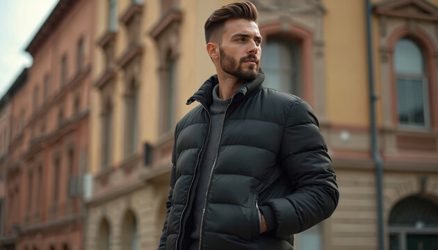 Handsome bearded man in black puffer jacket stands outside city buildings. Young male model wears casual attire. Person looks to side with hands in pockets. Urban lifestyle, fashion concept. Male