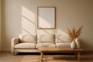 Fototapeta premium Serene beige living room with angular sun shadows minimalist decor and blank wall for art print mockup