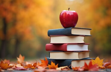 Stack of colorful books with bright red apple rests outdoors on rustic surface. Vibrant red, orange, yellow autumn leaves scattered around. Image represents education, learning, knowledge for back to