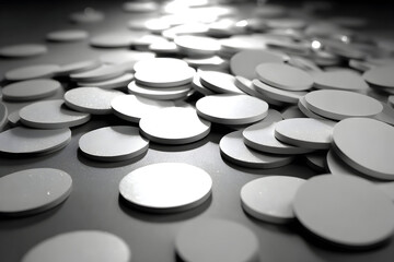 Monochrome image of scattered round white pills on a surface.