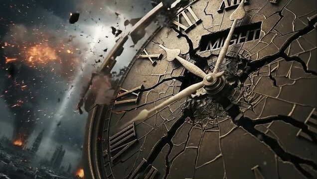 Clock face cracked deeply reflects urgency as time slips away in global conflict under dramatic skies