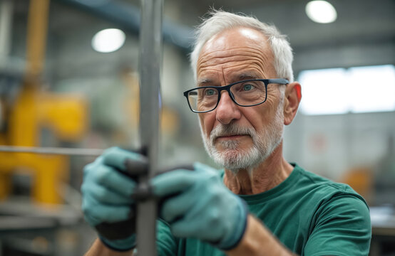 Senior worker with glasses holds steel bar in factory. Male person works in workshop. Industry employee with grey hair and beard is focused on job. Manufacture labor concept. - Powered by Adobe