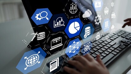 Fototapeta premium Data analytics and big data strategy for real-time analytics, predictive data modeling, business intelligence analytics, and data-driven decision-making in modern digital businesses. Funnel