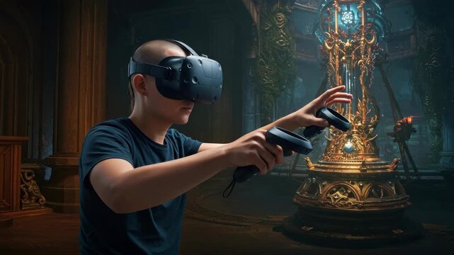 Person experiencing virtual reality environment with controllers