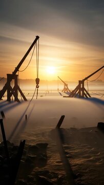 Ancient siege weapon array at sunrise. Trebuchet with hooks and sandbags on foggy battlefield. Medieval warfare defense footage.