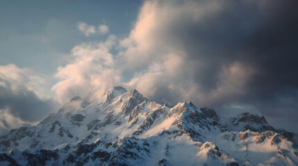 Snowy mountain range illuminated by soft evening light under dramatic clouds, capturing the serene beauty and grandeur of alpine wilderness