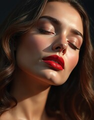 Fototapeta premium Woman with bright red lips closed eyes light and shadow on face. Brown wavy hair frames her elegant styled makeup. Glamour beauty portrait, alluring confident look.