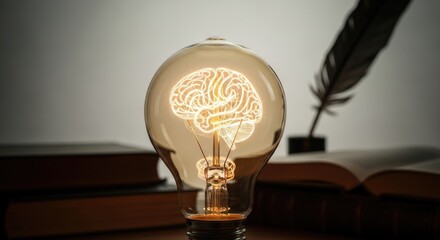 Luminous brain within a radiant light bulb, representing a spark of human ingenuity and deep cognitive insight. This vital concept embodies the spirit of philosophical exploration, wisdom