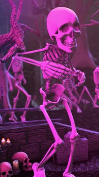 Seamless vertical video of a skeletons dancing in a cemetery disco at night. Funny halloween background for parties and events.
