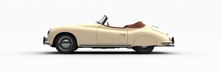 3D illustration of vintage beige convertible car with brown leather seats, sleek curves isolated on white background. Retro automobile design with soft colors, matte finish. Classic cabrio vehicle