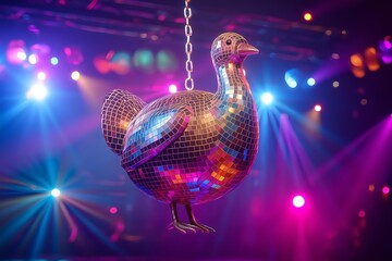 3D Disco Ball Turkey – Funny Thanksgiving Concept with Colorful Stage Lights and Thanksgiving Party Vibes