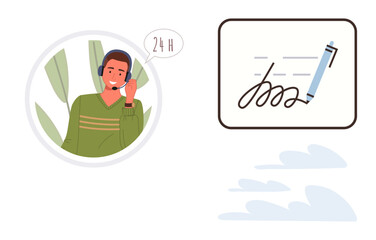 Smiling customer support agent speaking on the phone with 24-hour service symbol, paired with a pen signing document. Ideal for customer service, communication, assistance, efficiency