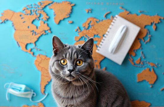 Grey cat sits on world map with face mask, notepad. Feline looks at camera. Pet is on blue cork board with orange continents. Notebook, surgical mask are near. Animal travel concept during pandemic.