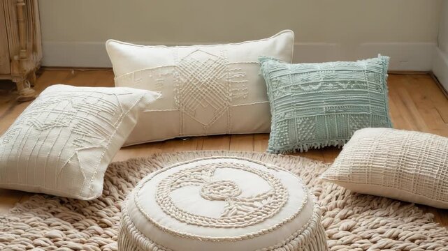 Stylish Interior Decor Featuring Macrame Pillows and Round Rug on Hardwood Floor, Bohemian Style Home Furnishings, Neutral Tones, and Textured Textiles