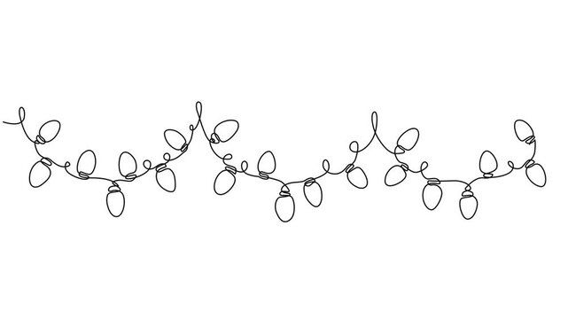christmas lights continuous one line drawing animation, Video. Festoon, garland with bulbs drawing with one editable continuous line, Separating frame for banner. Animation on white background 4K.