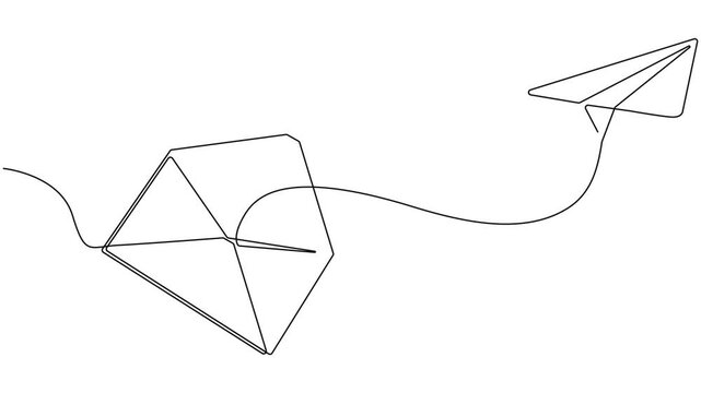 Video. Drawing of continuous editable one line flying paper airplane and mail. Concept of sending emails for business and social media in simple linear style. Animation on white background 4K