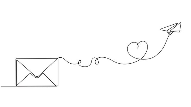 Video. Drawing of continuous editable one line flying paper airplane and mail. Concept of sending emails for business and social media in simple linear style. Animation on white background 4K