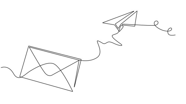 Video. Drawing of continuous editable one line flying paper airplane and mail. Concept of sending emails for business and social media in simple linear style. Animation on white background 4K