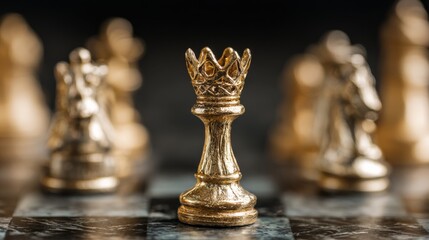 Golden king chess surrounded by enemies, leadership metaphor on board, bold strategy in golden glow.