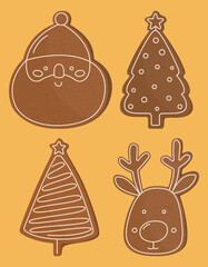 Set of cute traditional Christmas gingerbread cookies - reindeer, Christmas tree, Santa Claus, vector illustration