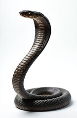 Black cobra snake rears its head with hood spread. Reptile coiled body rests on white background. Dangerous wild creature shows fangs close up. Deadly venomous serpent poses threat.