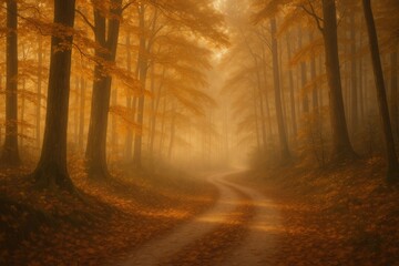 Obraz premium Sonnendurchfluteter Waldpfad mit goldenem Laub und sanftem Morgennebel