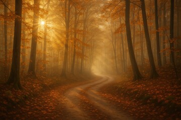Fototapeta premium Sonnendurchfluteter Waldpfad mit goldenem Laub und sanftem Morgennebel