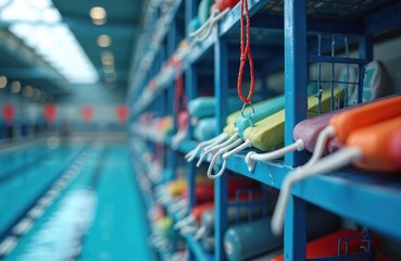 Indoor shot shows swimming pool and equipment on shelf. Colored floats are stored on blue rack. Swimming pool is blurry in background. Sports venue with water for training.