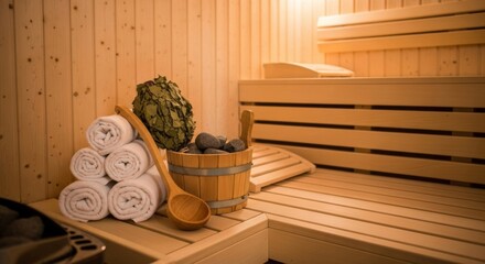Traditional sauna interior with wellness accessories, towels, an