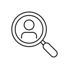 Vector outline search drawing person icon. Person Search, Magnifying Glass Icon, User Profile, Find People, Identity Lookup. Magnifying glass searching for user profile icon. Preview Profile Icon.